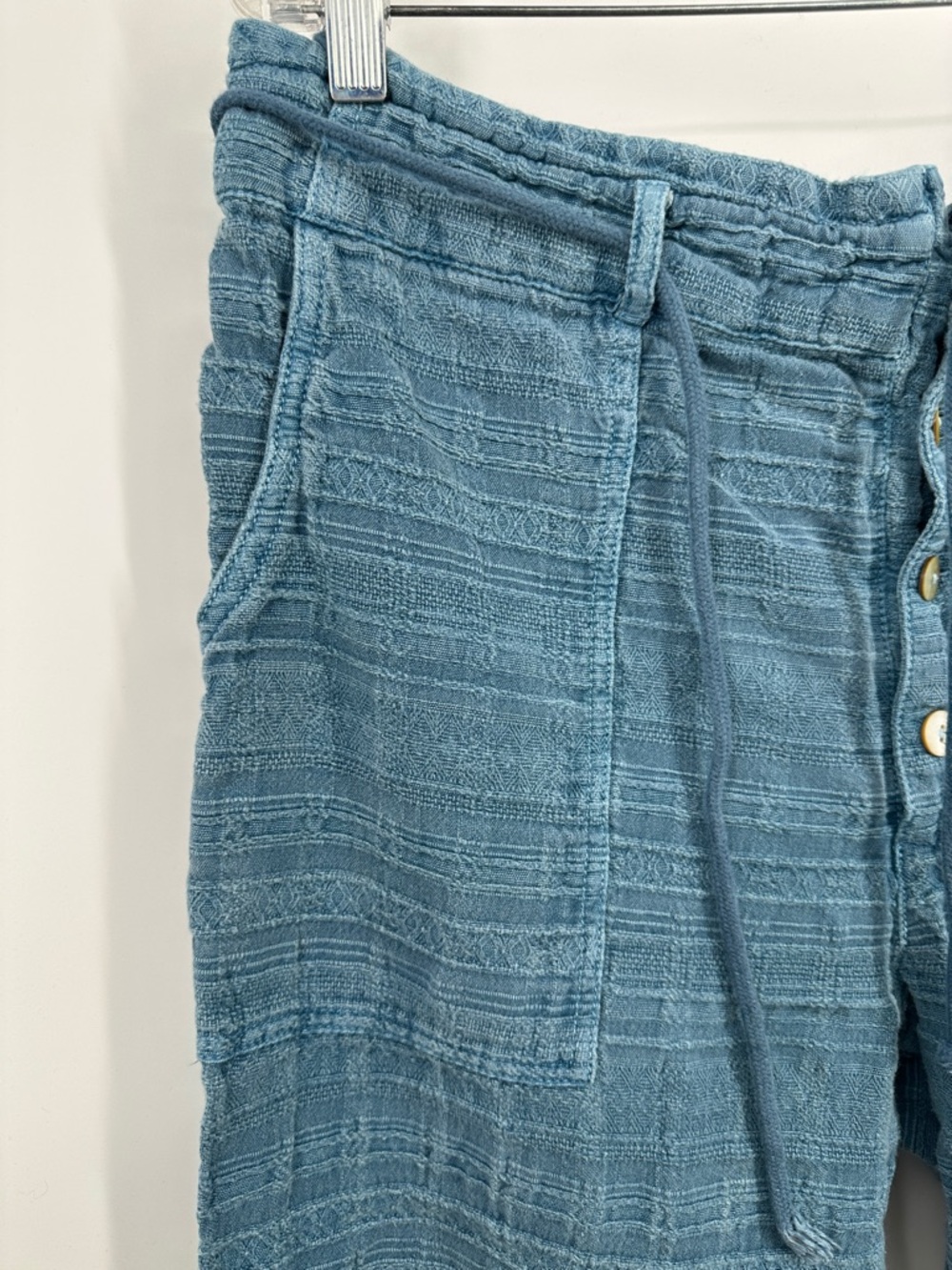 Sundance Coastline Boho Textured Blue Drawstring Button Front Pants - Picture 2 of 5